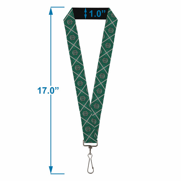 Buckle-Down Lanyard - 1.0" - Harry Potter Slytherin Crest Plaid Greens Gray