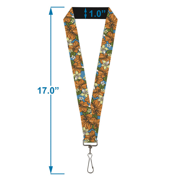 Buckle-Down Lanyard - 1.0" - Hibiscus Collage Blue Orange Yellow