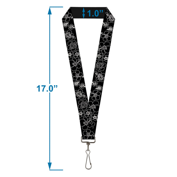 Buckle-Down Lanyard - 1.0" - Hibiscus Outline Black White