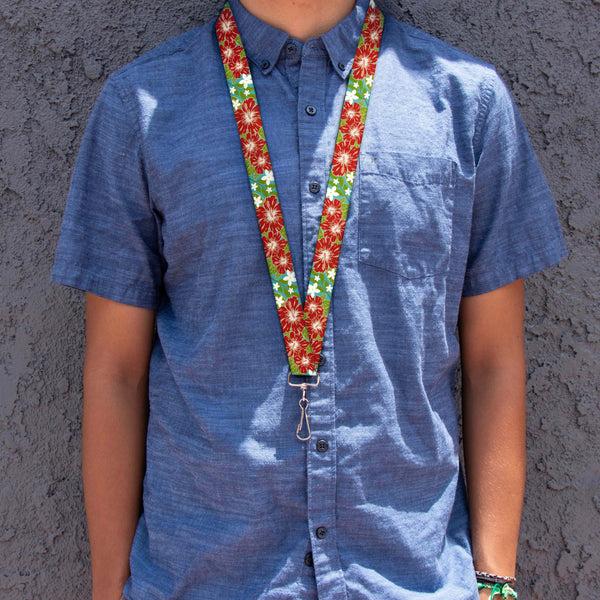 Buckle-Down Lanyard - 1.0" - Hibiscus & Plumerias Turquoise Greed Red White