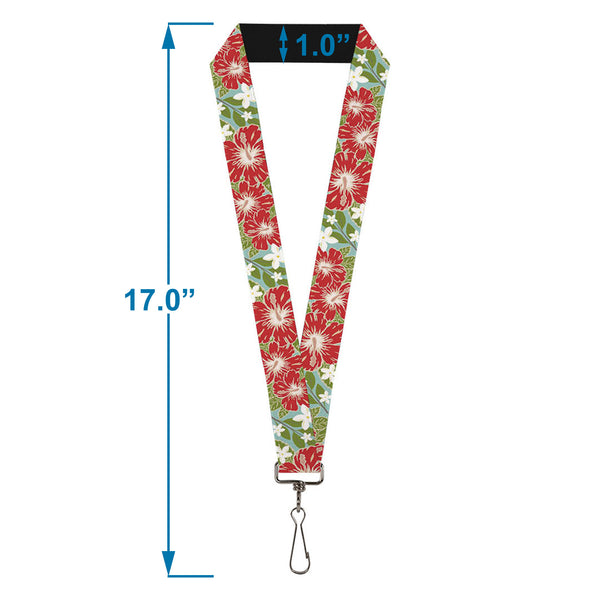 Buckle-Down Lanyard - 1.0" - Hibiscus & Plumerias Turquoise Greed Red White