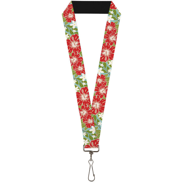 Buckle-Down Lanyard - 1.0" - Hibiscus & Plumerias Turquoise Greed Red White
