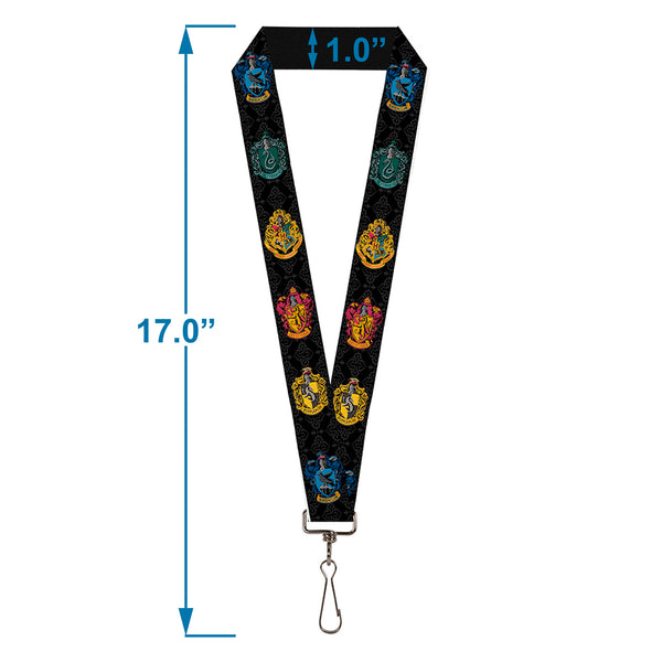 Buckle-Down Lanyard - 1.0" - Hogwarts & 4-House Crests Filigree Black Gray