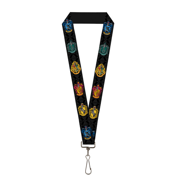 Buckle-Down Lanyard - 1.0" - Hogwarts & 4-House Crests Filigree Black Gray