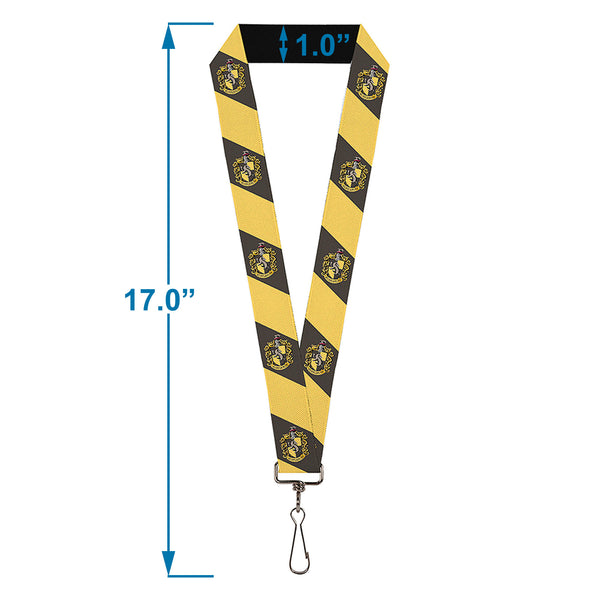 Buckle-Down Lanyard - 1.0" - HUFFLEPUFF Crest Diagonal Stripe Charcoal Gray Yellow