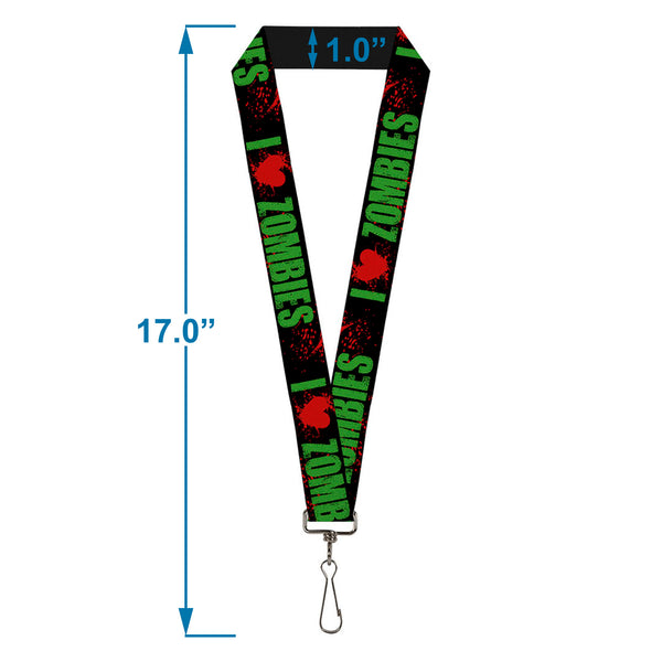 Buckle-Down Lanyard - 1.0" - I "HEART" ZOMBIES Black Green Red Splatter