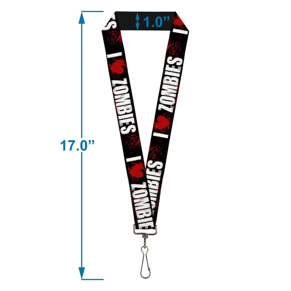 Buckle-Down Lanyard - 1.0" - I "HEART" ZOMBIES Black White Red Splatter