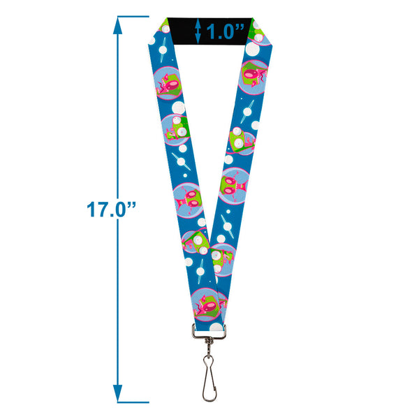 Buckle-Down Lanyard - 1.0" - Invader Zim And GIR Poses And Planets Blue/White