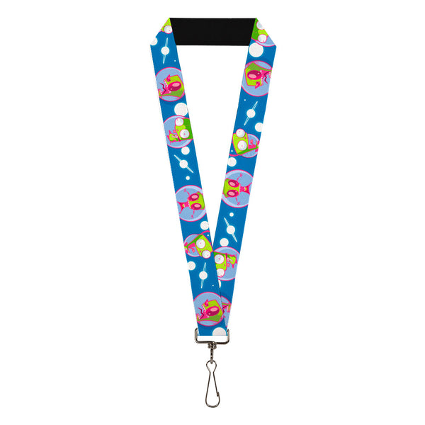 Buckle-Down Lanyard - 1.0" - Invader Zim and GIR Poses and Planets Blue/White