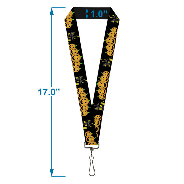 Buckle-Down Lanyard - 1.0" - Jack-o'-Lanterns Haunted House Black Yellow