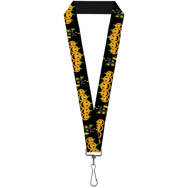 Buckle-Down Lanyard - 1.0" - Jack-o'-Lanterns Haunted House Black Yellow
