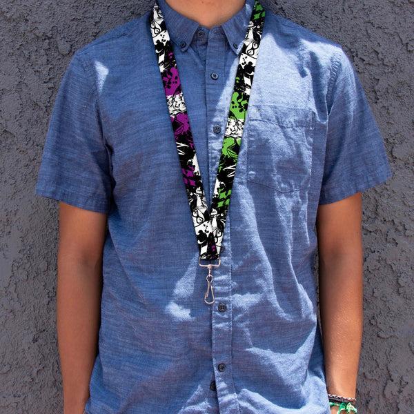 Buckle-Down Lanyard - 1.0" - Joker Smiling Harley Quinn Eyes Splatter Black White Purple Green