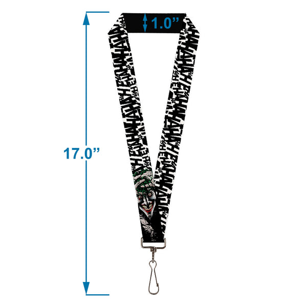 Buckle-Down Lanyard - 1.0" - Joker The Killing Joke Holding Head Pose HAHAHA Repeat White Black