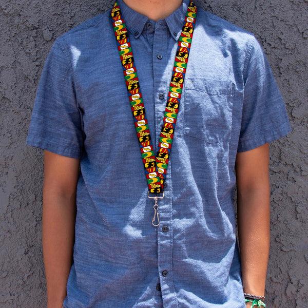 Buckle-Down Lanyard - 1.0" - Justice League 5-Superhero Textured Logo CLOSE-UP Blocks