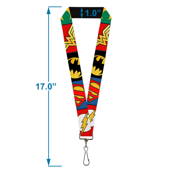 Buckle-Down Lanyard - 1.0" - Justice League 5-Superhero Textured Logo CLOSE-UP Blocks