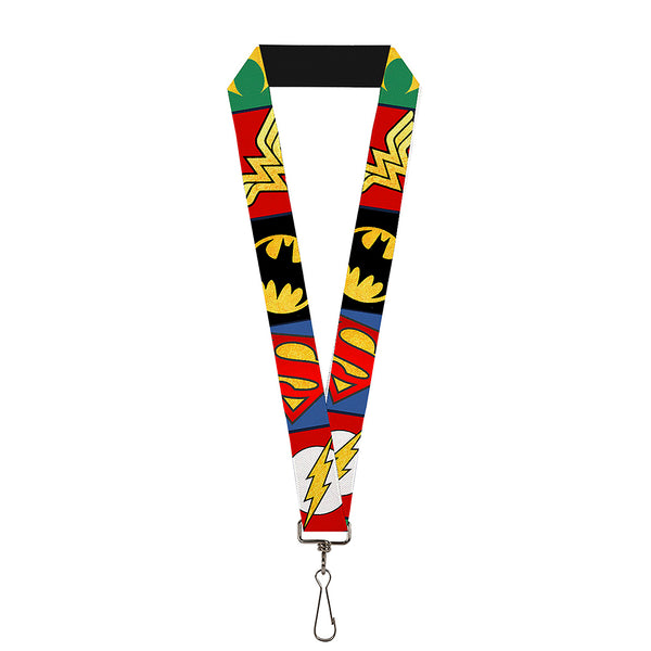 Buckle-Down Lanyard - 1.0" - Justice League 5-Superhero Textured Logo CLOSE-UP Blocks