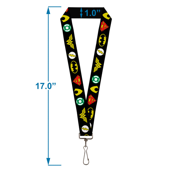Buckle-Down Lanyard - 1.0" - Justice League 6-Superhero Logos Black
