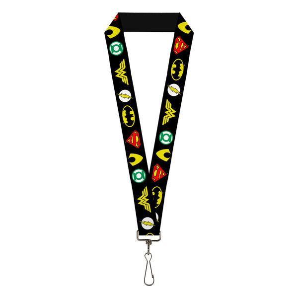 Buckle-Down Lanyard - 1.0" - Justice League 6-Superhero Logos Black