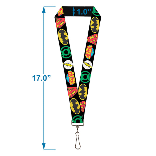 Buckle-Down Lanyard - 1.0" - Justice League Superhero Logos CLOSE-UP Black