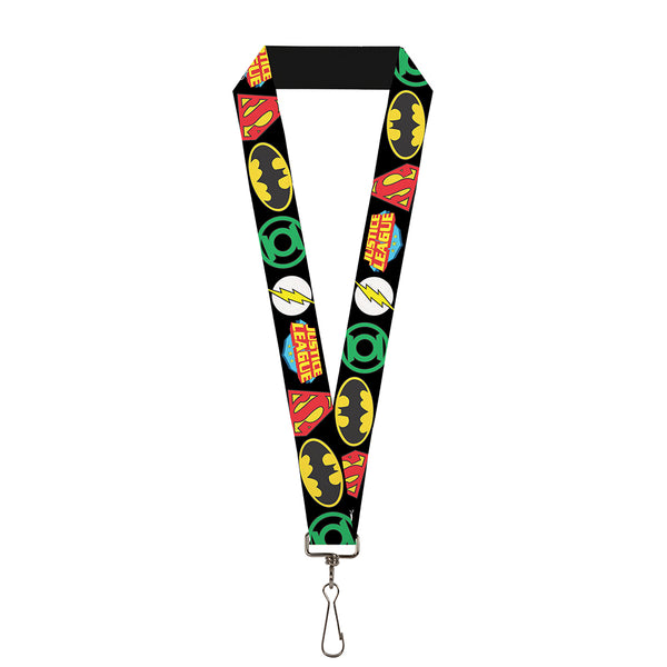 Buckle-Down Lanyard - 1.0" - Justice League Superhero Logos CLOSE-UP Black