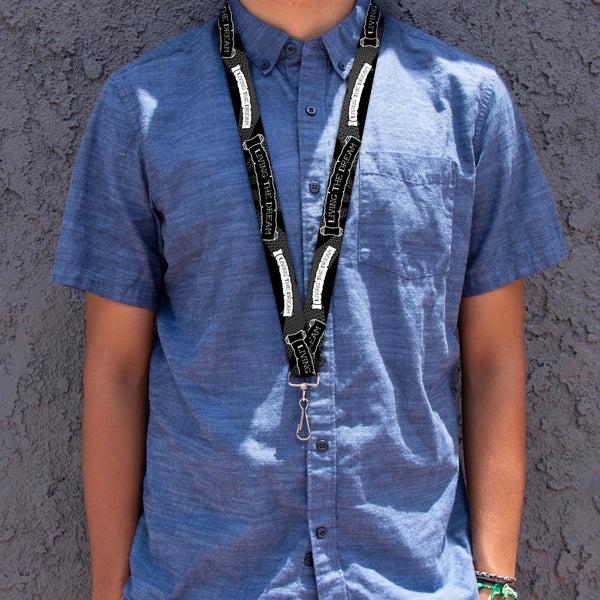 Buckle-Down Lanyard - 1.0" - LIVING THE DREAM Scroll Gray Black White