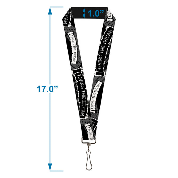 Buckle-Down Lanyard - 1.0" - LIVING THE DREAM Scroll Gray Black White