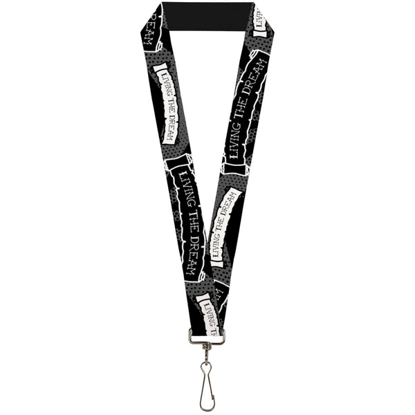 Buckle-Down Lanyard - 1.0" - LIVING THE DREAM Scroll Gray Black White