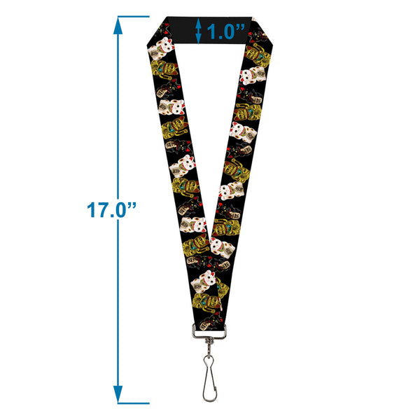 Buckle-Down Lanyard - 1.0" - Maneki Neko Lucky Cats Gold Black White