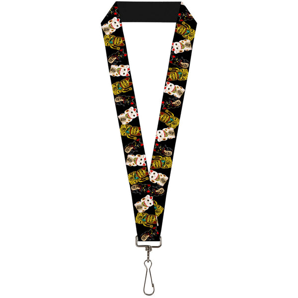 Buckle-Down Lanyard - 1.0" - Maneki Neko Lucky Cats Gold Black White
