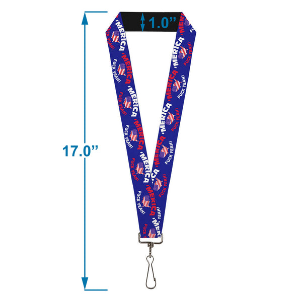 Buckle-Down Lanyard - 1.0" - MERICA FUCK YEAH USA Silhouette Blue White Red US Flag