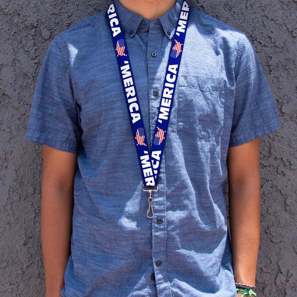 Buckle-Down Lanyard - 1.0" - MERICA USA Silhouette Blue White US Flag