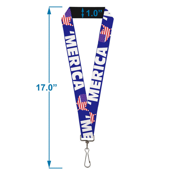 Buckle-Down Lanyard - 1.0" - MERICA USA Silhouette Blue White US Flag