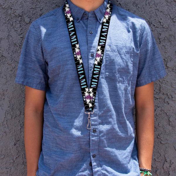 Buckle-Down Lanyard - 1.0" - MIAMI Palm Trees Black White Pink Teal