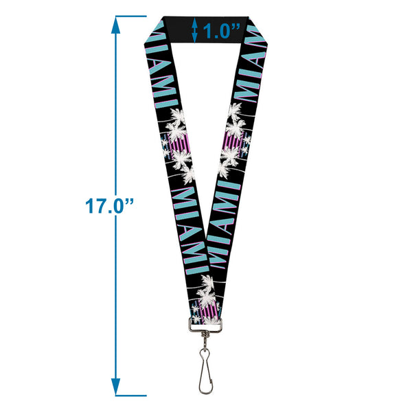 Buckle-Down Lanyard - 1.0" - MIAMI Palm Trees Black White Pink Teal