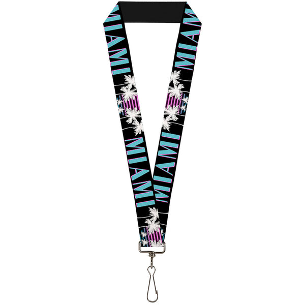 Buckle-Down Lanyard - 1.0" - MIAMI Palm Trees Black White Pink Teal