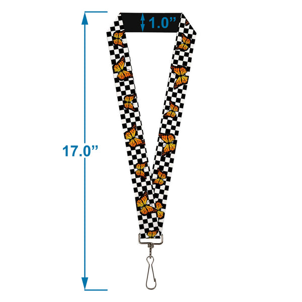 Buckle-Down Lanyard - 1.0" - Monarch Butterfly Scattered Checker Black White