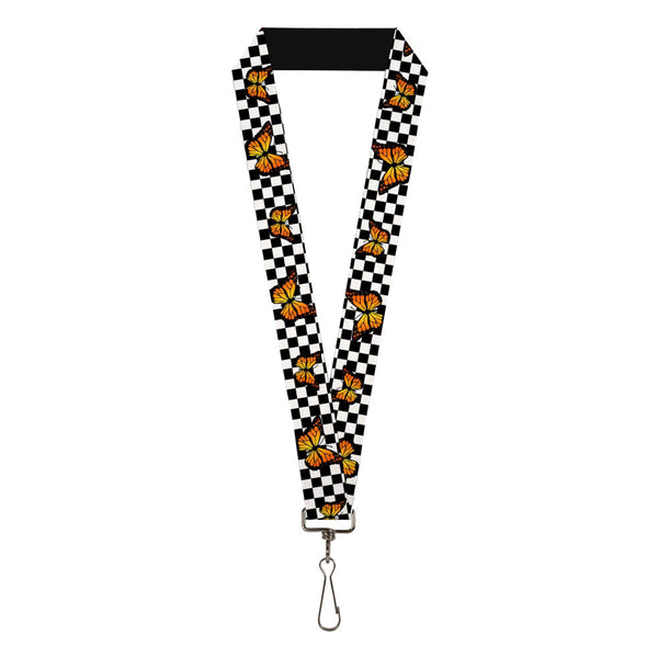 Buckle-Down Lanyard - 1.0" - Monarch Butterfly Scattered Checker Black White