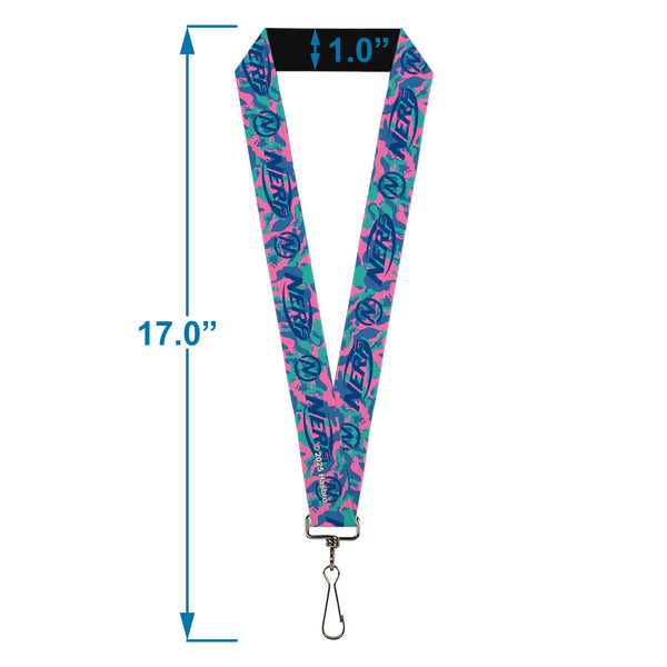Buckle-Down Lanyard - 1.0" - NERF Logo And Icon Camo Blues/Pinks