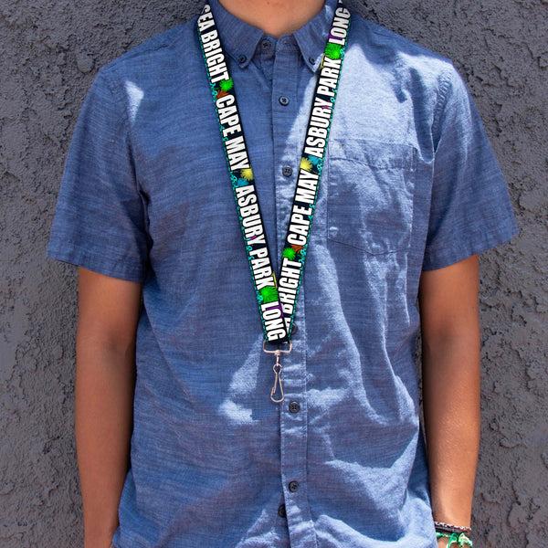 Buckle-Down Lanyard - 1.0" - New Jersey Shore Towns Black Multi Color White