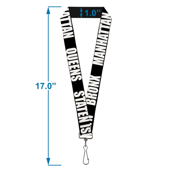 Buckle-Down Lanyard - 1.0" - New York's Five Burroughs Bold Black White