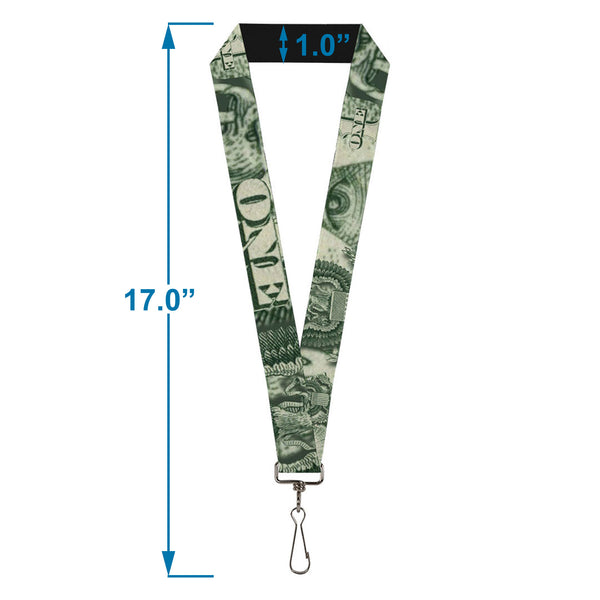 Buckle-Down Lanyard - 1.0" - One Dollar Bill Eye Of Providence Bald Eagle CLOSE-UP
