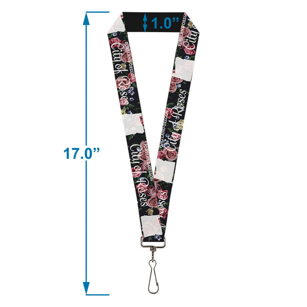 Buckle-Down Lanyard - 1.0" - Oregon Silhouette PORTLAND OREGON-CITY OF ROSES Roses White