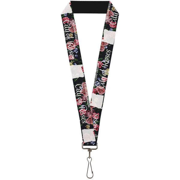 Buckle-Down Lanyard - 1.0" - Oregon Silhouette PORTLAND OREGON-CITY OF ROSES Roses White