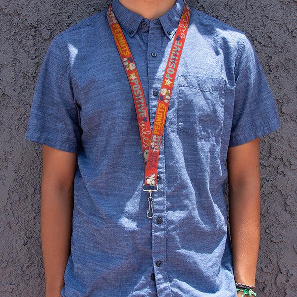Buckle-Down Lanyard - 1.0" - Peanuts Gang SEMI-POSITIVE VIBES Quote Red/Blues/White