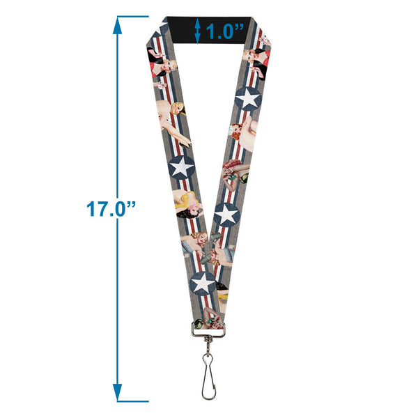 Buckle-Down Lanyard - 1.0" - Pin Up Girl Poses Star & Stripes Gray Blue White Red