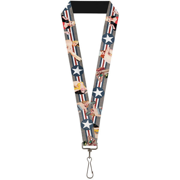 Buckle-Down Lanyard - 1.0" - Pin Up Girl Poses Star & Stripes Gray Blue White Red