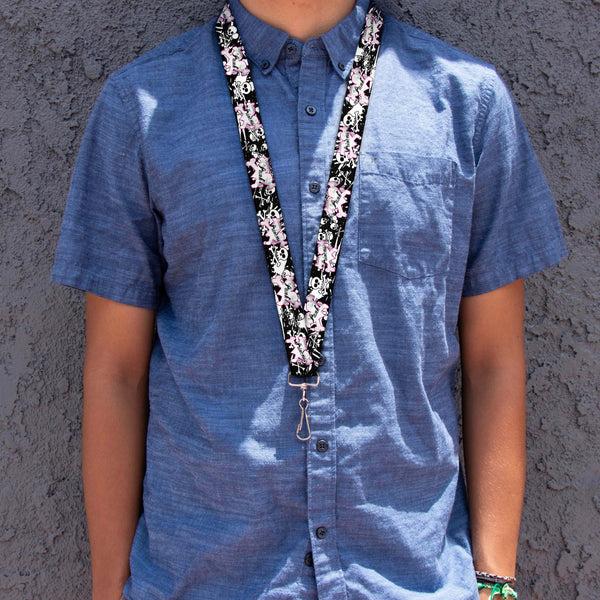 Buckle-Down Lanyard - 1.0" - Punk Princess Heart & Cross Bones W Skulls & Splatter Black White