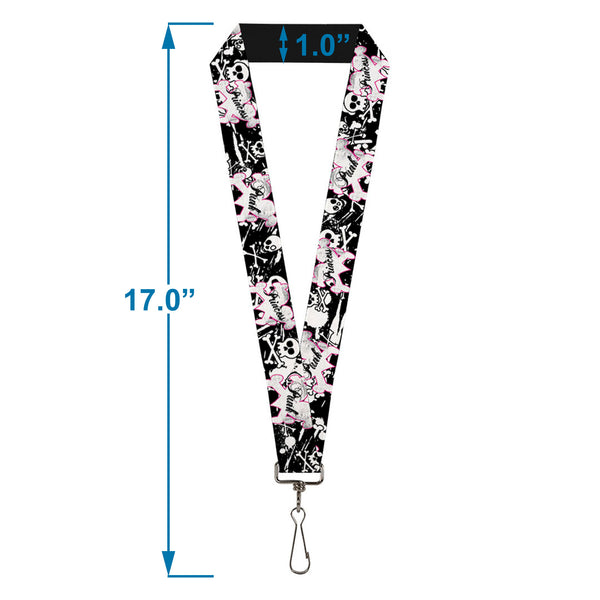 Buckle-Down Lanyard - 1.0" - Punk Princess Heart & Cross Bones W Skulls & Splatter Black White