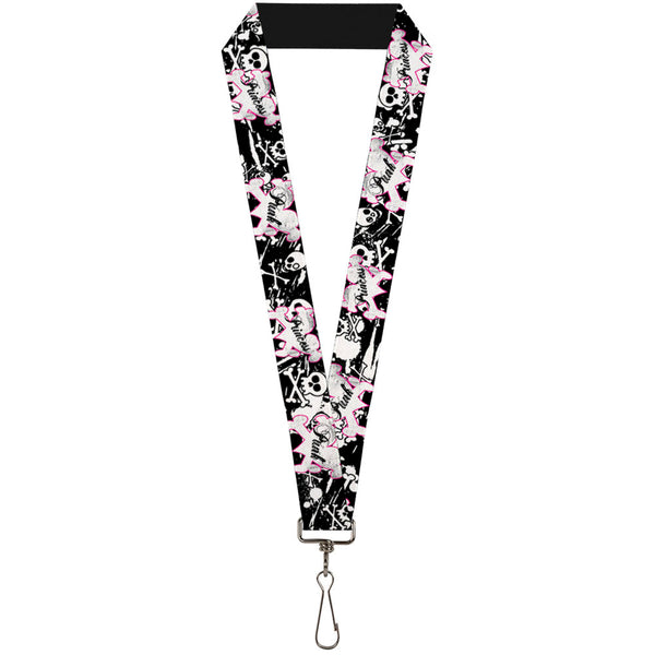 Buckle-Down Lanyard - 1.0" - Punk Princess Heart & Cross Bones w Skulls & Splatter Black White