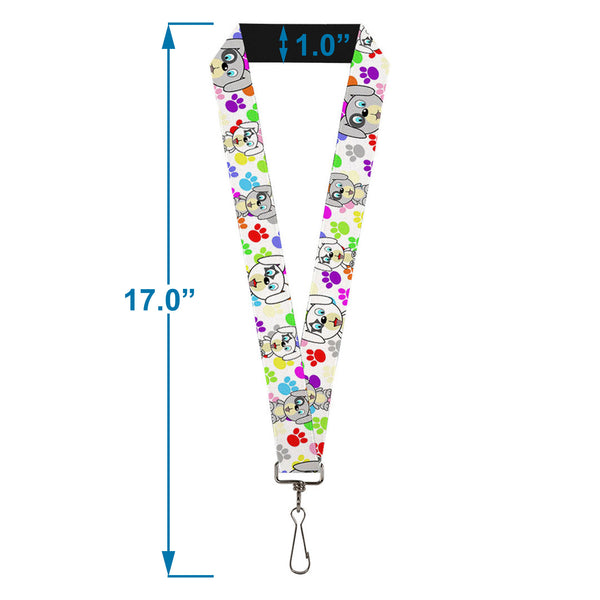Buckle-Down Lanyard - 1.0" - Puppies W Paw Prints White Multi Color